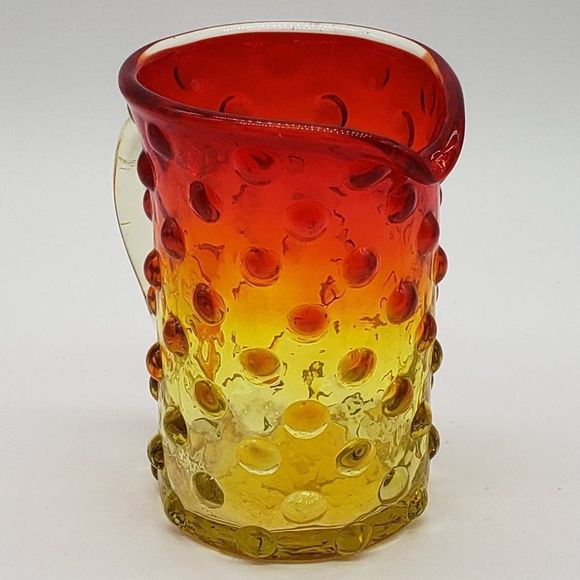 Mini Amberina Vintage Hand Blown Hobnail Glass Pitcher or Vase w/Applied Handle - Picture 12 of 14